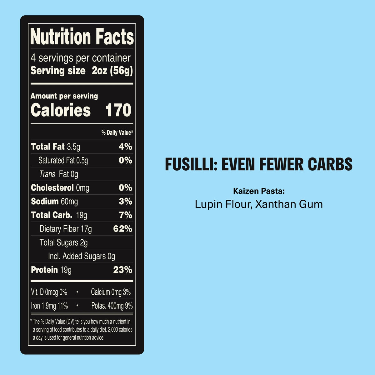 Kaizen Keto Pasta Fusilli lupini flour ingredients, gluten-free and high fiber