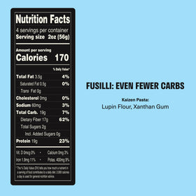 Kaizen Keto Pasta Fusilli lupini flour ingredients, gluten-free and high fiber