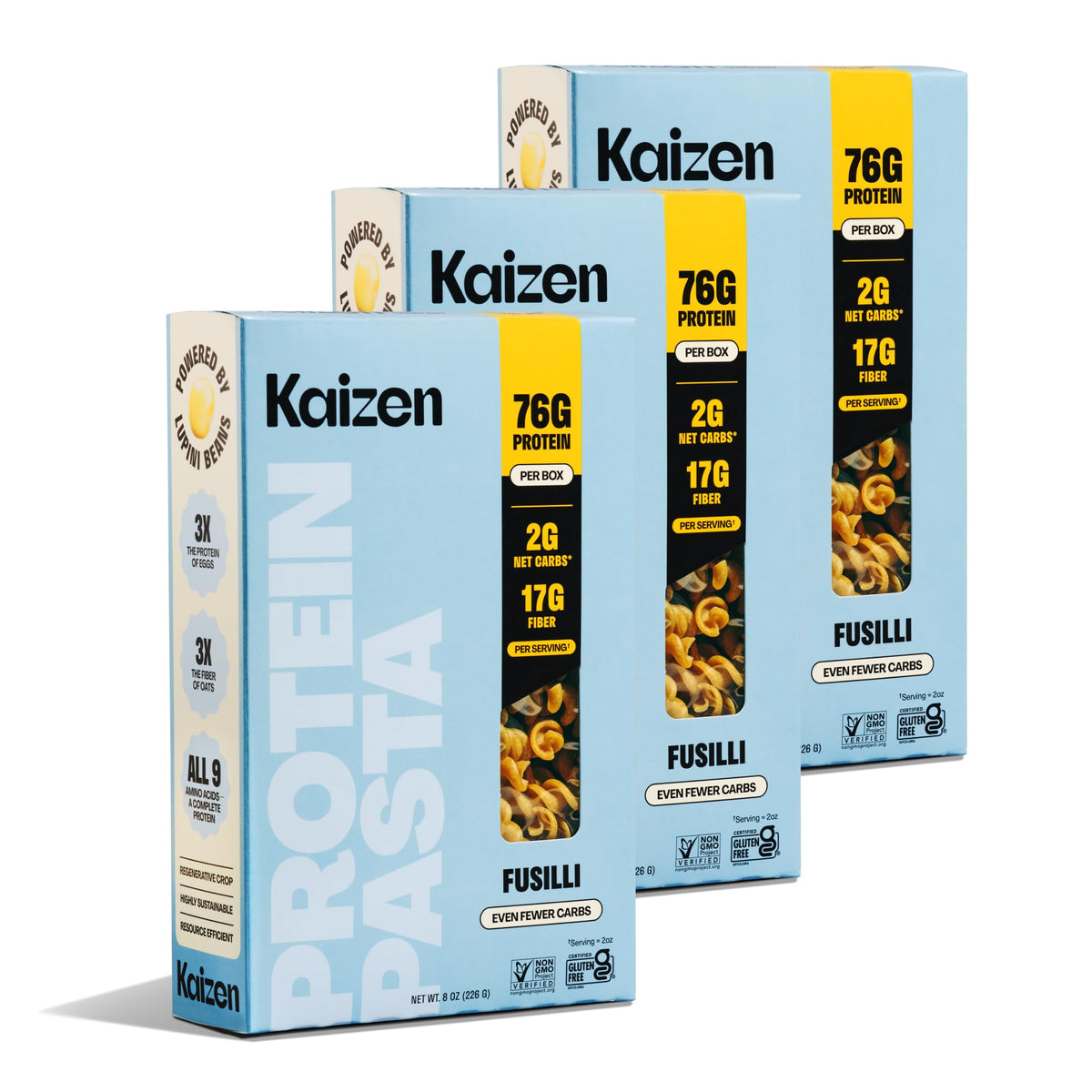 Kaizen Keto Pasta Fusilli pack 3 on a clean counter, gluten-free