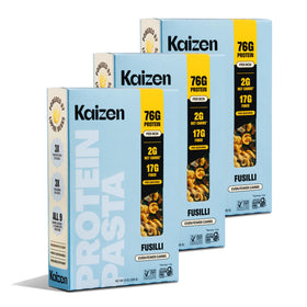 Kaizen Keto Pasta Fusilli pack 3 on a clean counter, gluten-free