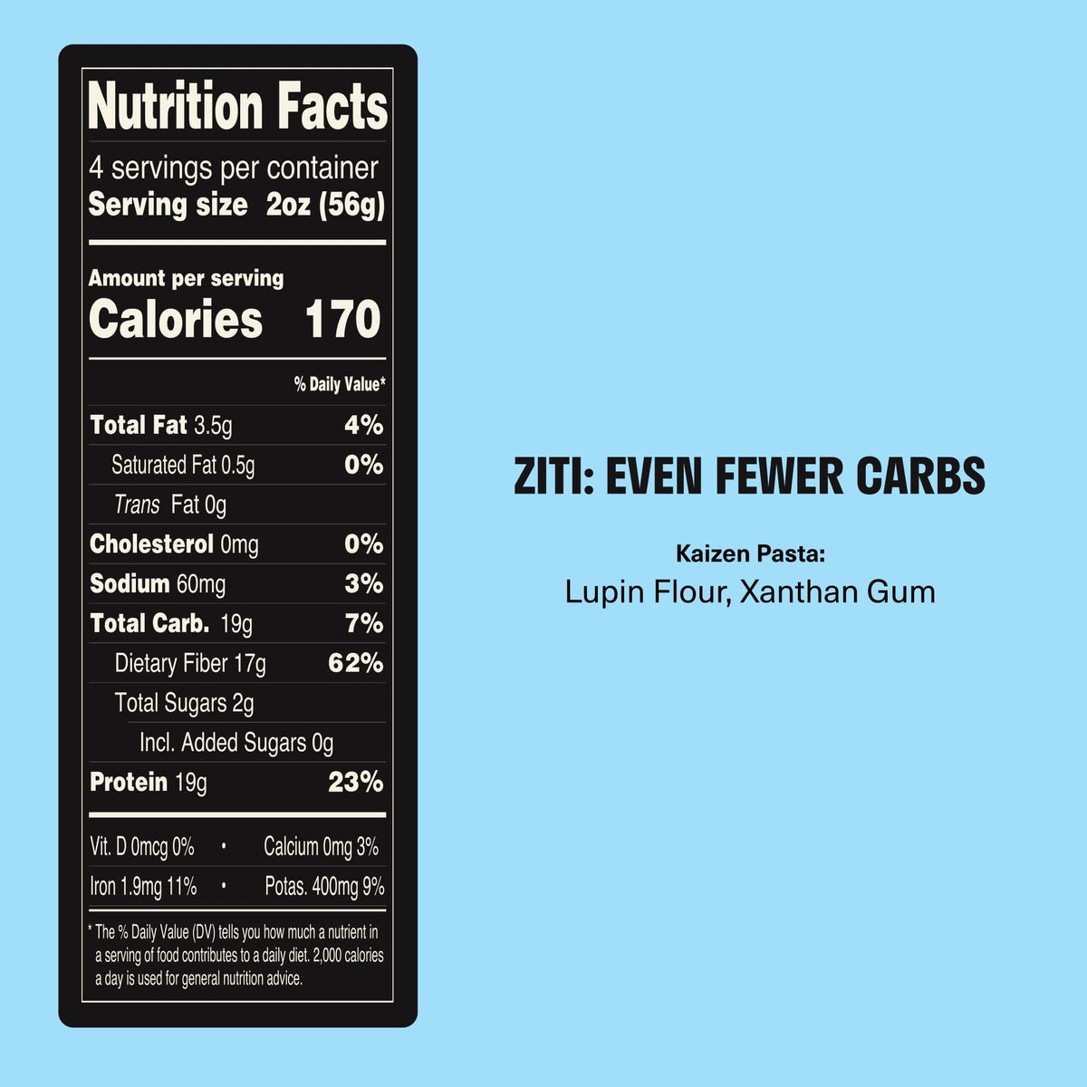 Kaizen Keto Pasta Ziti ingredients image highlights lupini flour base and clean ingredients