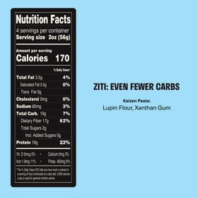 Kaizen Keto Pasta Ziti ingredients image highlights lupini flour base and clean ingredients