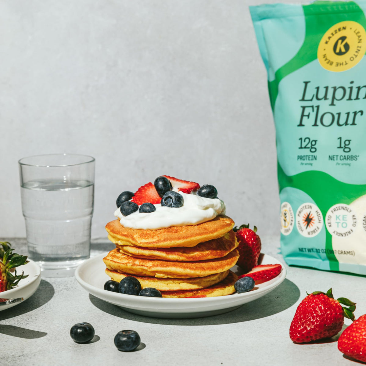 Kaizen Lupin Flour pancakes image demonstrates fluffy, high-protein morning option