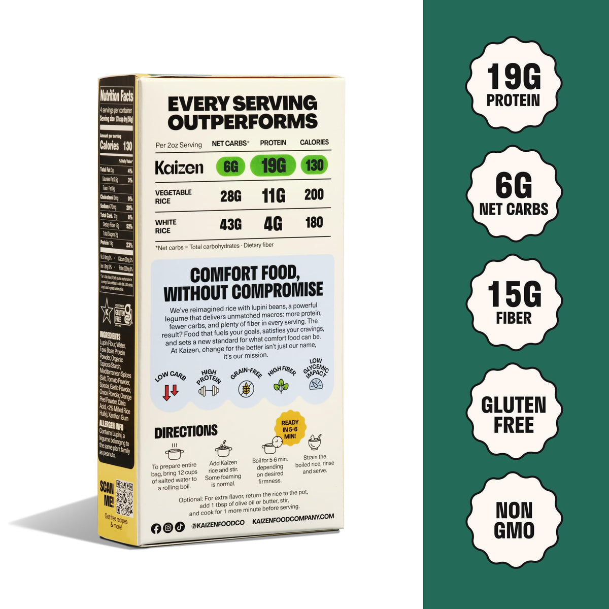 Kaizen Lupini beans protein rice bowl emphasizes high-fiber plant protein.