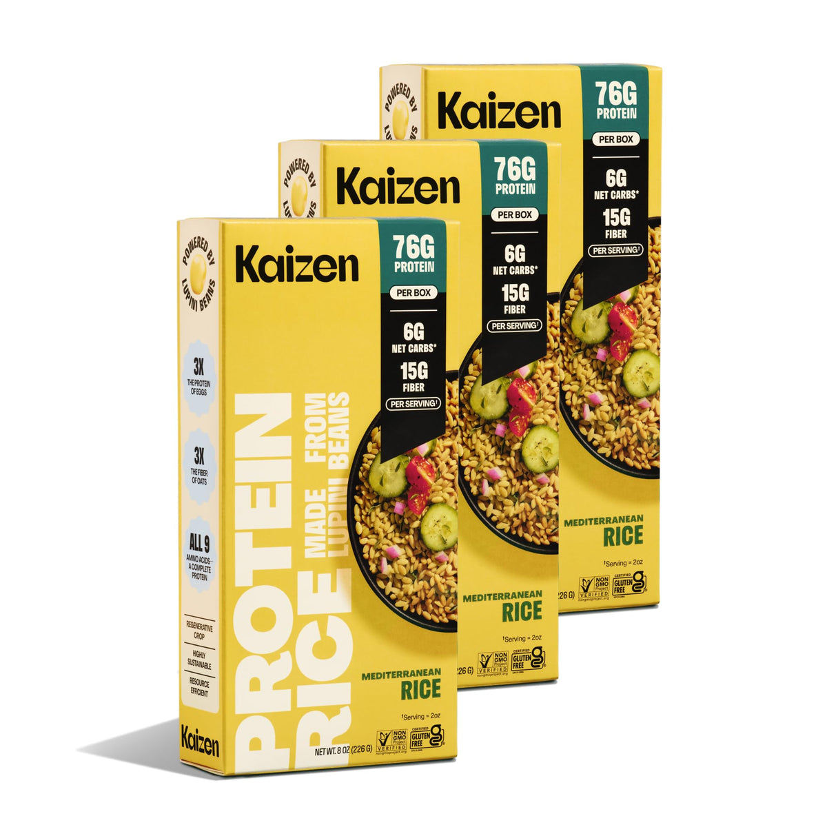 Kaizen Mediterranean Protein Rice packaging shows gluten-free and keto-friendly formula.