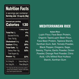 Serving-size image shows four portions per bag with Kaizen Rice.