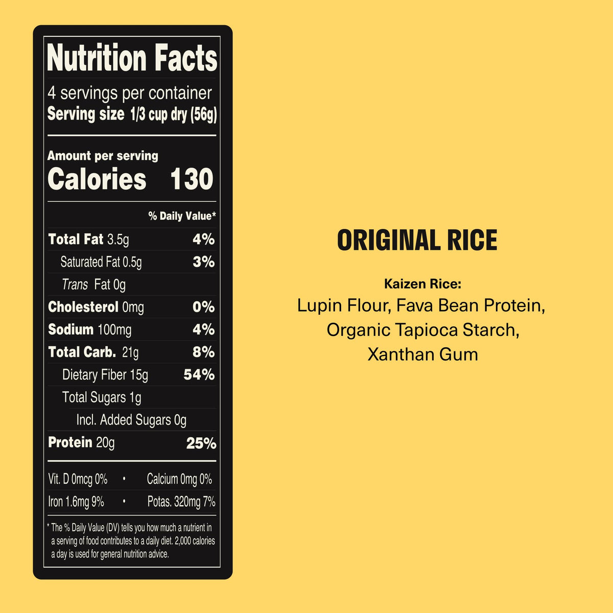 Kaizen Original Protein Rice nutrition facts panel with protein and carbs details.