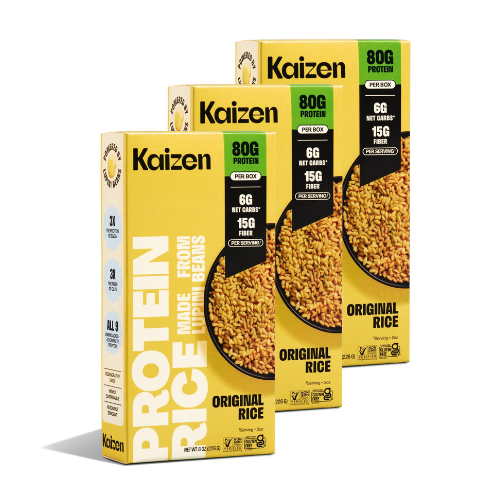 Kaizen Original Protein Rice packaging highlighting low-carb, high-protein nutrition.