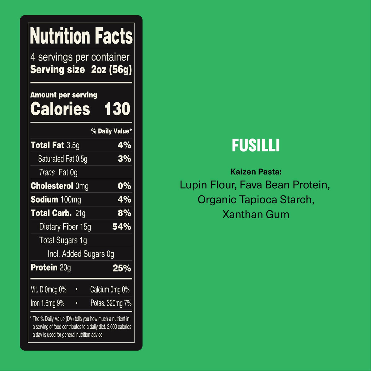 Kaizen Protein Pasta Radiatori served with greens highlighting fiber-rich texture