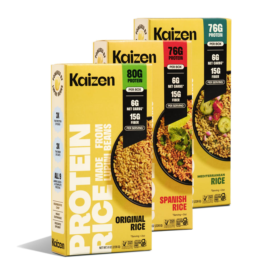 Kaizen Protein Rice Original pack—three-flavor variety for easy meals