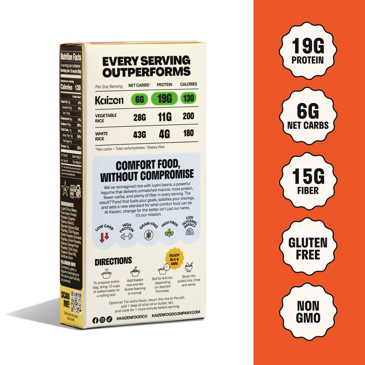 Kaizen Spanish Protein Rice four-serving bag size displayed.