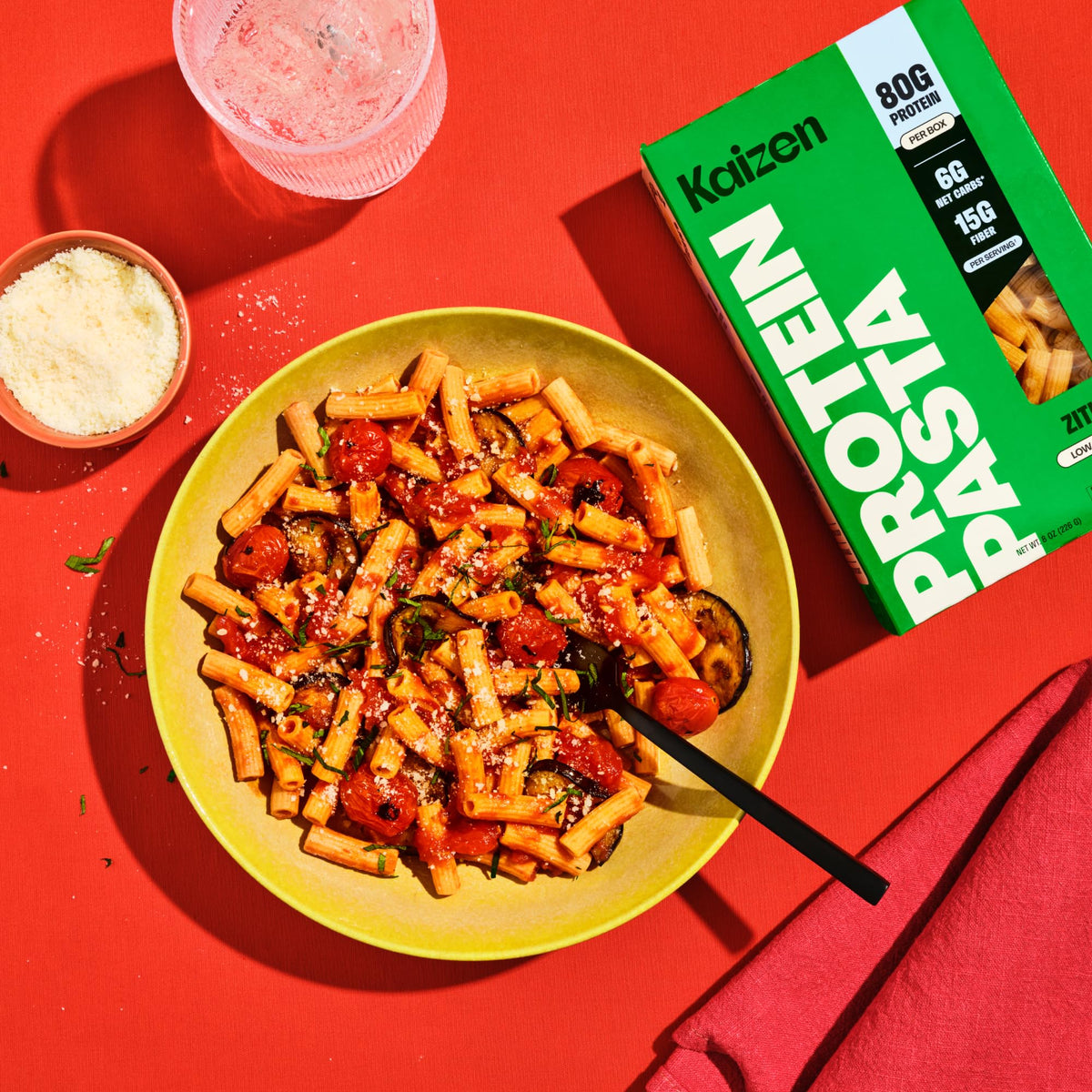 Bulk carton display of Kaizen Ziti Protein Pasta set