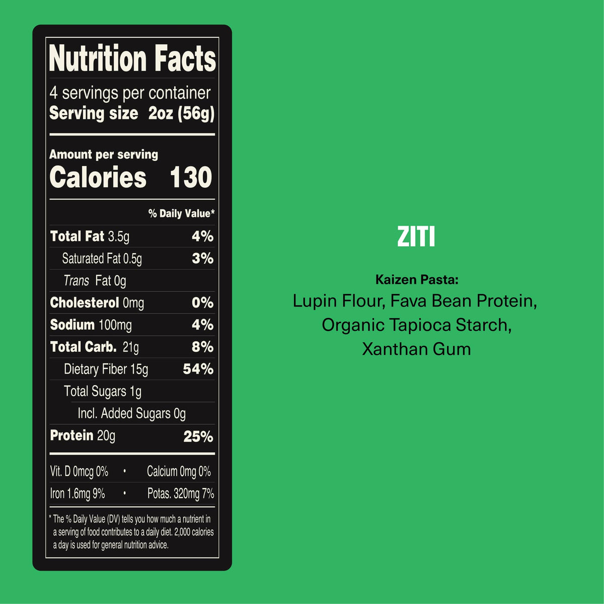 Gluten-free label on Kaizen Ziti Protein Pasta packaging