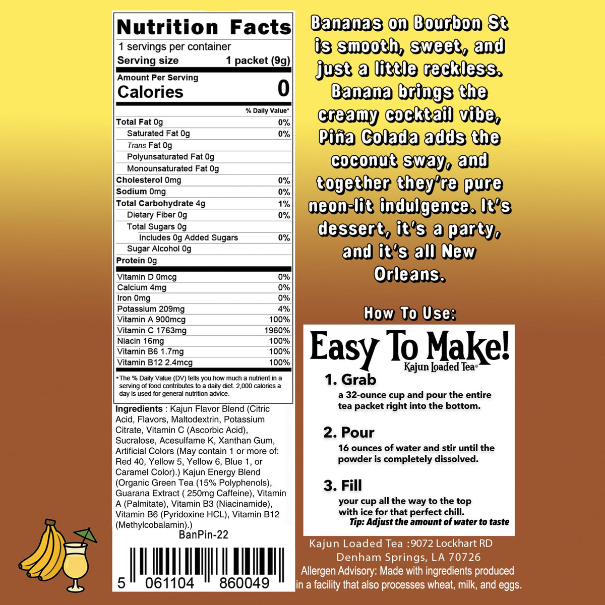 Kajun Loaded Tea Bananas on Bourbon St glass highlights 250mg caffeine from green tea.