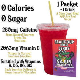 Kajun Loaded Tea Beaucoup Berry glass with ice highlights a refreshing zero sugar energy drink.