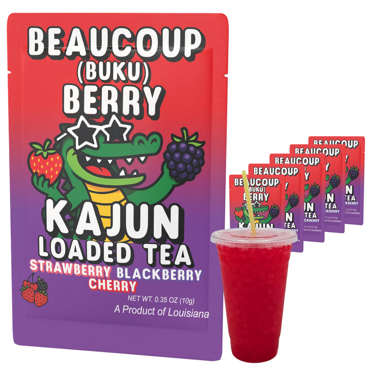 Kajun Loaded Tea Beaucoup Berry packet close-up shows bold berry flavor and caffeine boost.