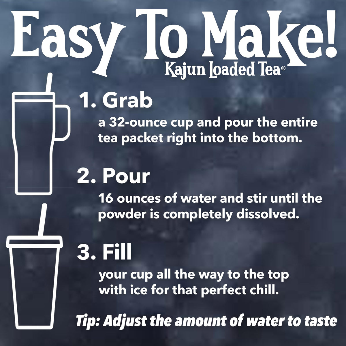Kajun Loaded Tea Blue Bayou zero calories illustration showing guilt-free refreshment