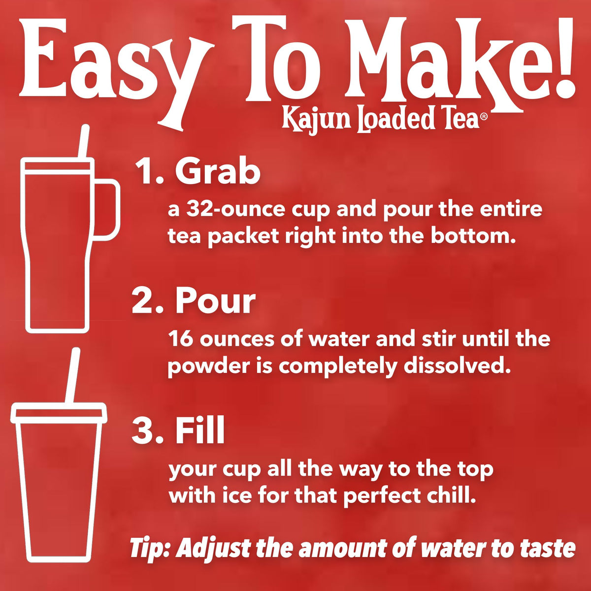 Kajun Loaded Tea caffeine boost icons illustrating energy from green tea and guarana.