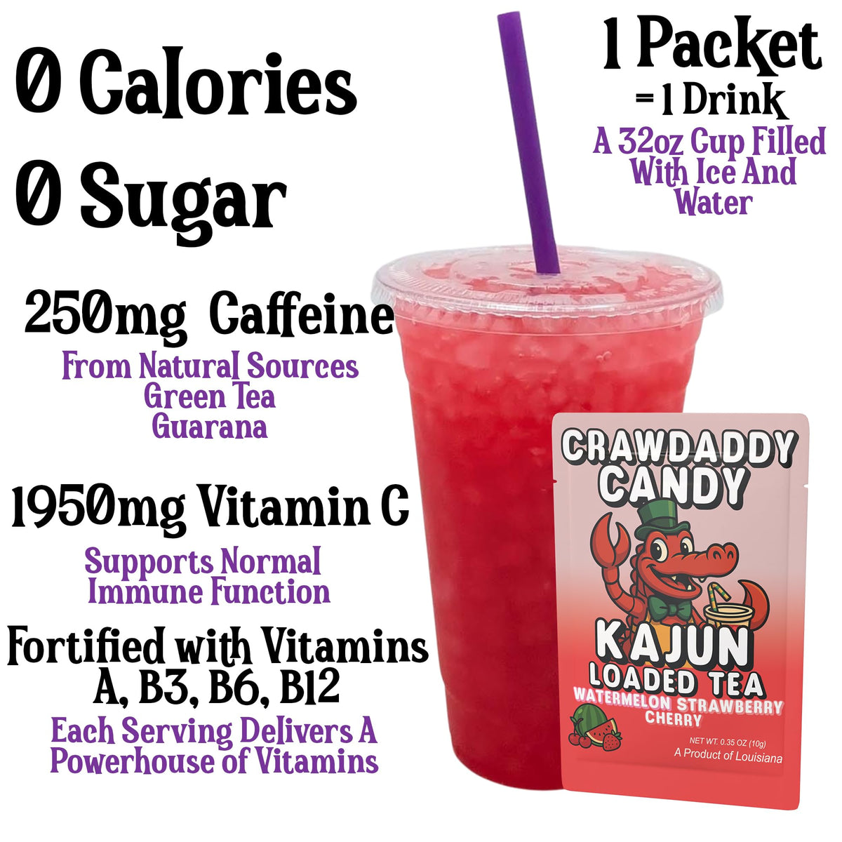 Crawdaddy Candy powder scoop showing quick mix for zero-sugar refreshment