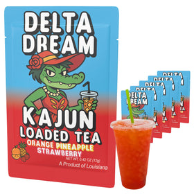 Kajun Loaded Tea Delta Dream packet shows orange pineapple strawberry flavor for a flavorful energy boost.