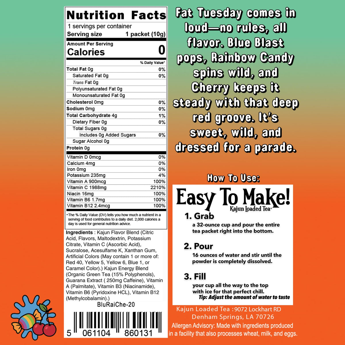 Kajun Loaded Tea Fat Tuesday 250mg caffeine label points to strong daytime energy.