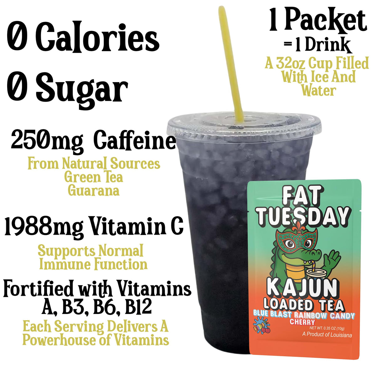 Kajun Loaded Tea Fat Tuesday rainbow candy scoop highlighting vibrant taste and sugar-free lift.