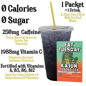 Kajun Loaded Tea Fat Tuesday rainbow candy scoop highlighting vibrant taste and sugar-free lift.