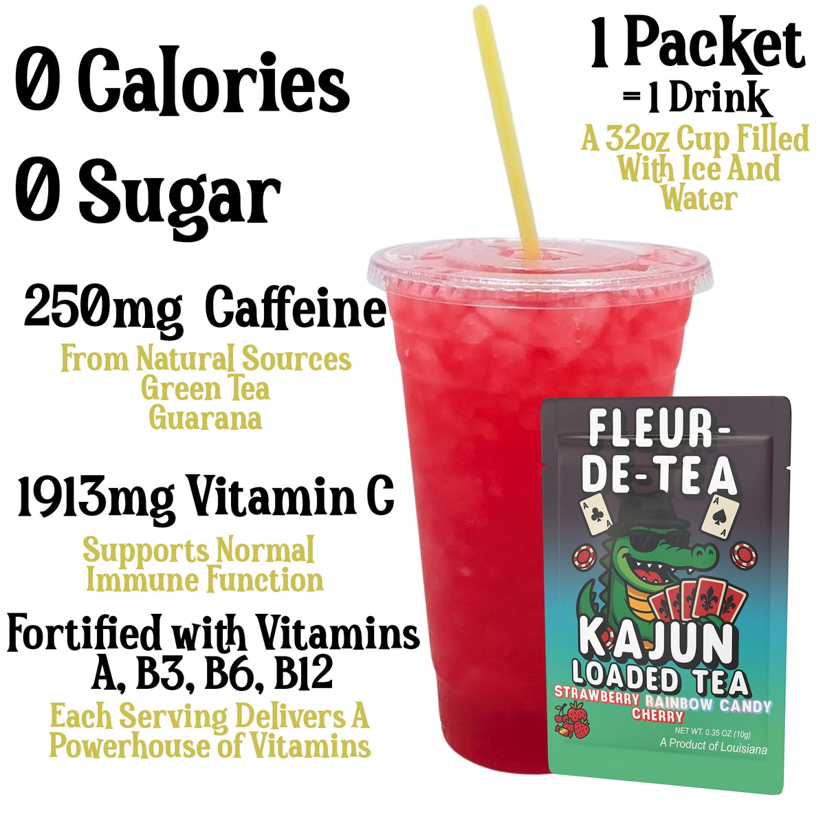 Kajun Loaded Tea Fleur-de-Tea rainbow candy pieces in a cup for a festive energy sip