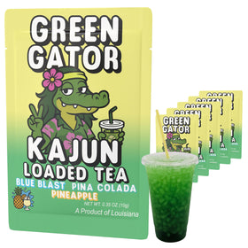 Kajun Loaded Tea Green Gator bottle on ice, crisp energy boost.