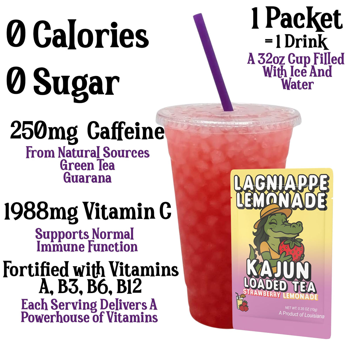 Kajun Loaded Tea Lagniappe Lemonade glass with ice for refreshing hydration.