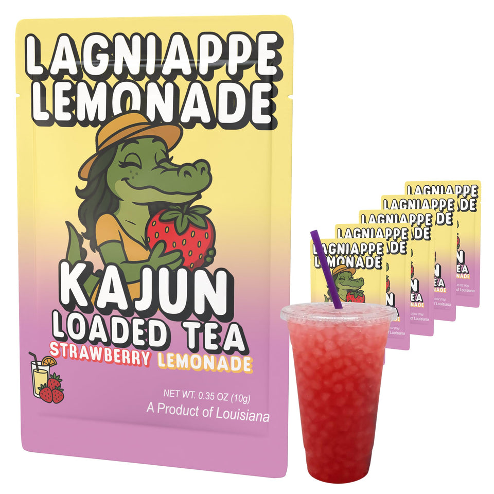 Kajun Loaded Tea Lagniappe Lemonade packet pour for quick caffeine boost.