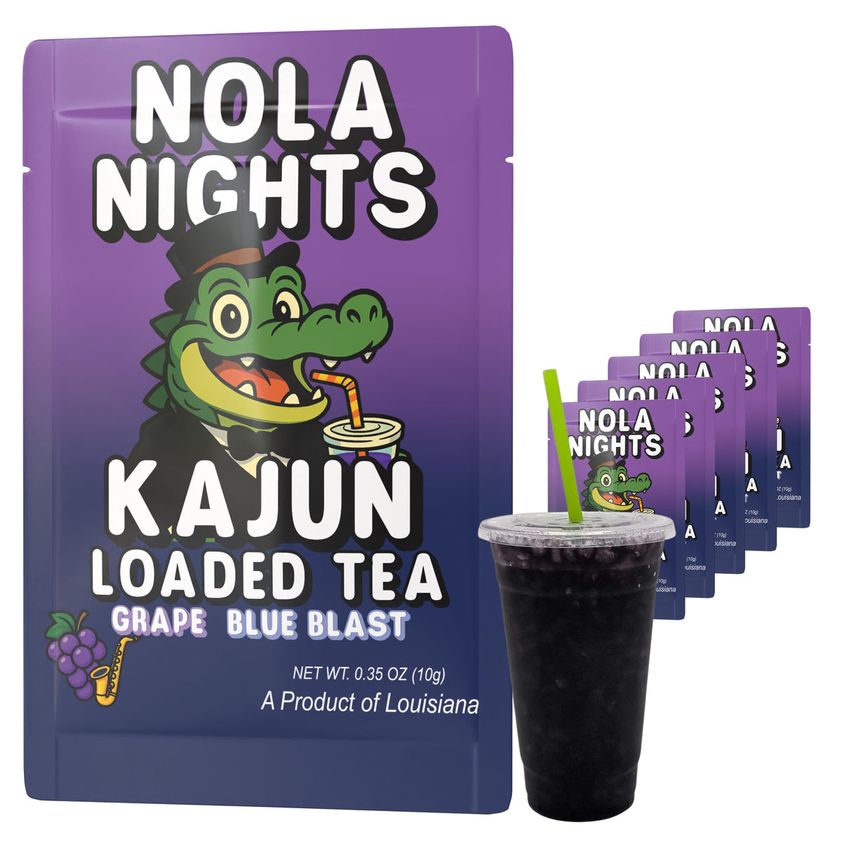 Kajun Loaded Tea Nola Nights grape blue blast packet for bold flavor and caffeine boost