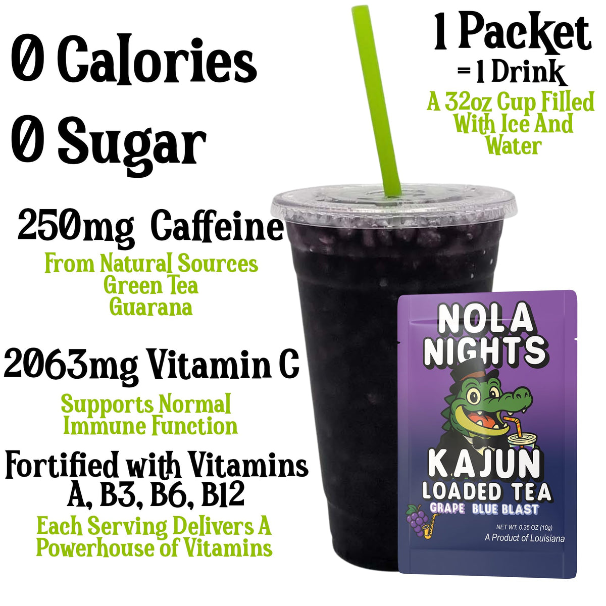 Kajun Loaded Tea Nola Nights grape blue blast pour over water for instant mix