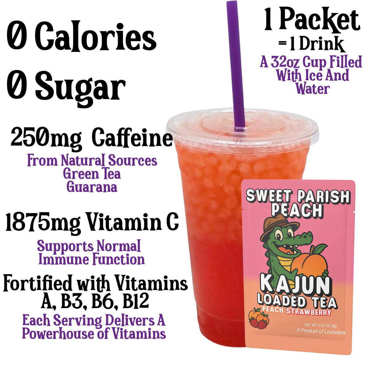 Kajun Loaded Tea Peach Strawberry flavor powder pack for quick energy on the go.
