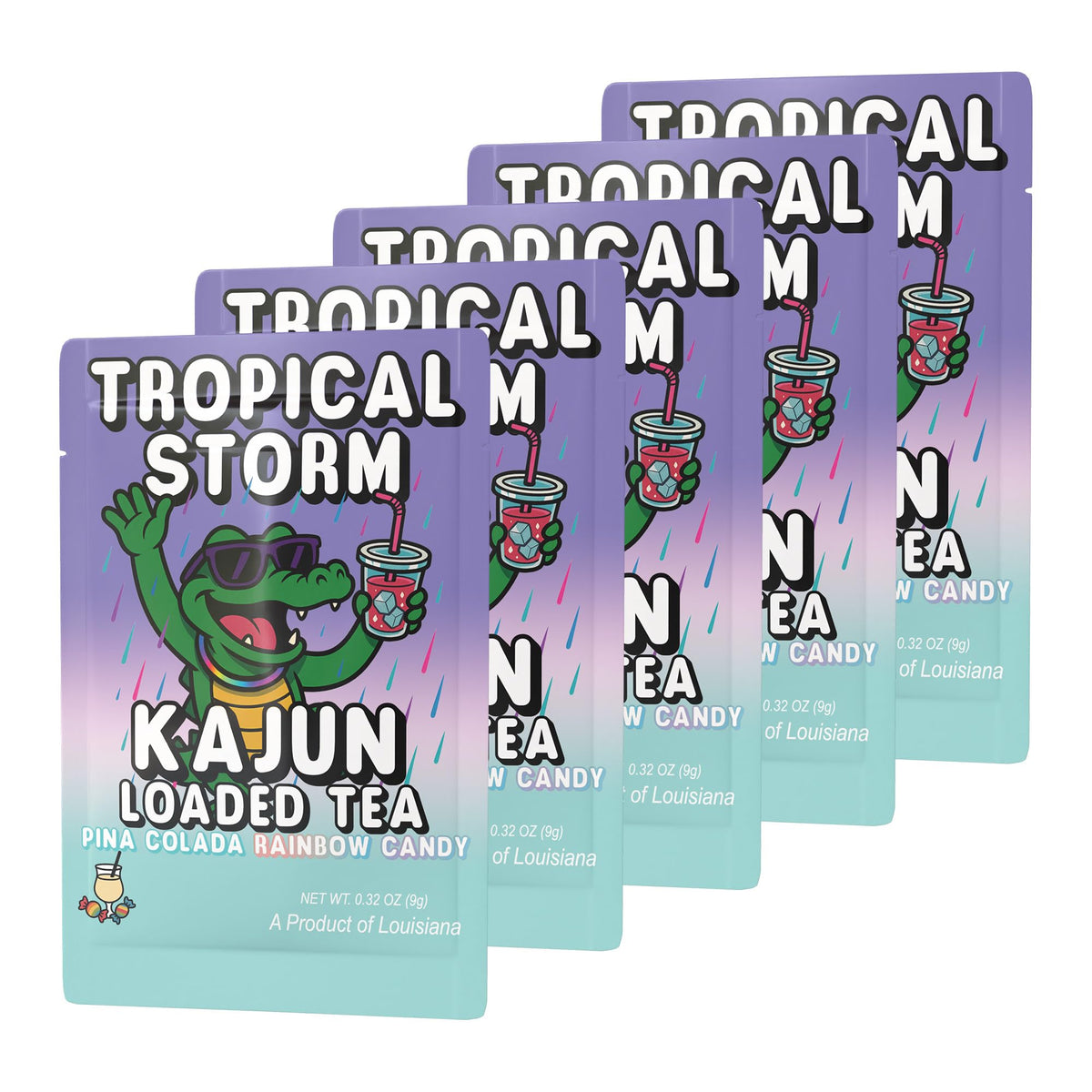 Kajun Loaded Tea powder close-up emphasizing vibrant rainbow candy flavor.