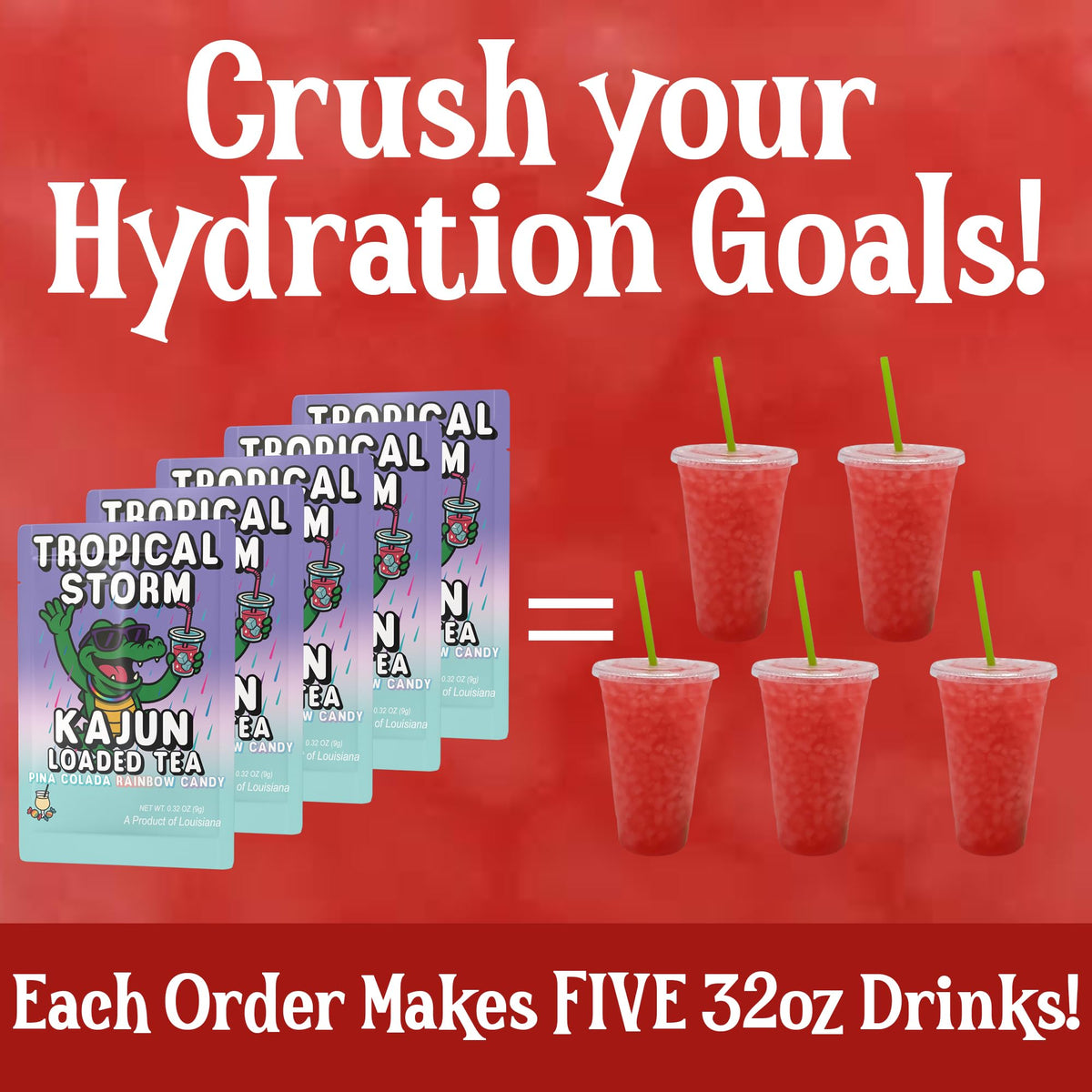 Kajun Loaded Tea quick prep steps illustration highlighting easy mix with water.