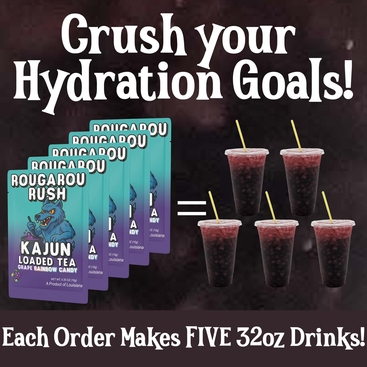 Energy boost from 250mg caffeine in Rougarou Rush.