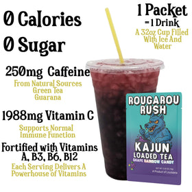 Glass with ice featuring Rougarou Rush grape flavor for a refreshing taste.
