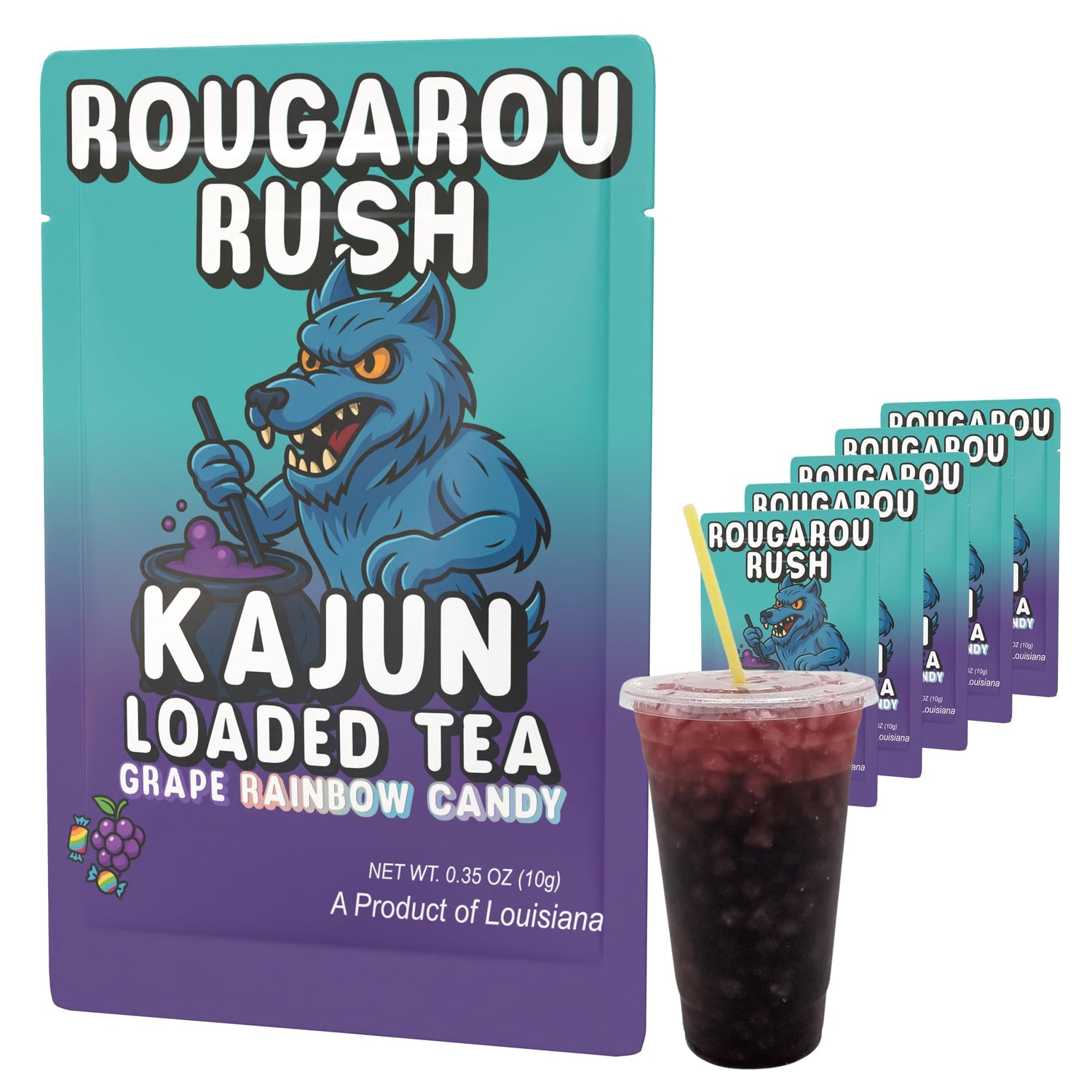 Kajun Loaded Tea Rougarou Rush packet ready to mix for on-the-go energy.