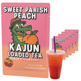 Kajun Loaded Tea Sweet Parish Peach glass showcasing vibrant peach and strawberry flavor.