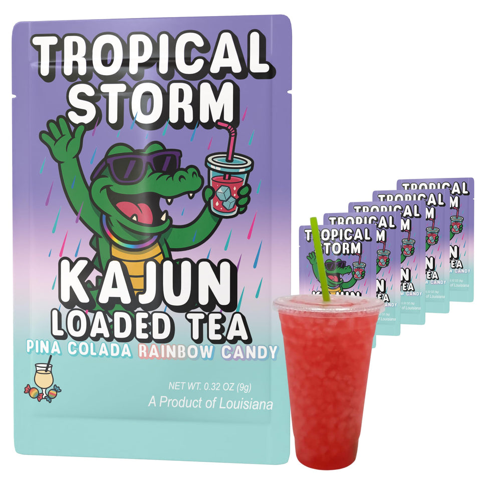 Kajun Loaded Tea Tropical Storm packaging showcases bold flavor for on-the-go energy.
