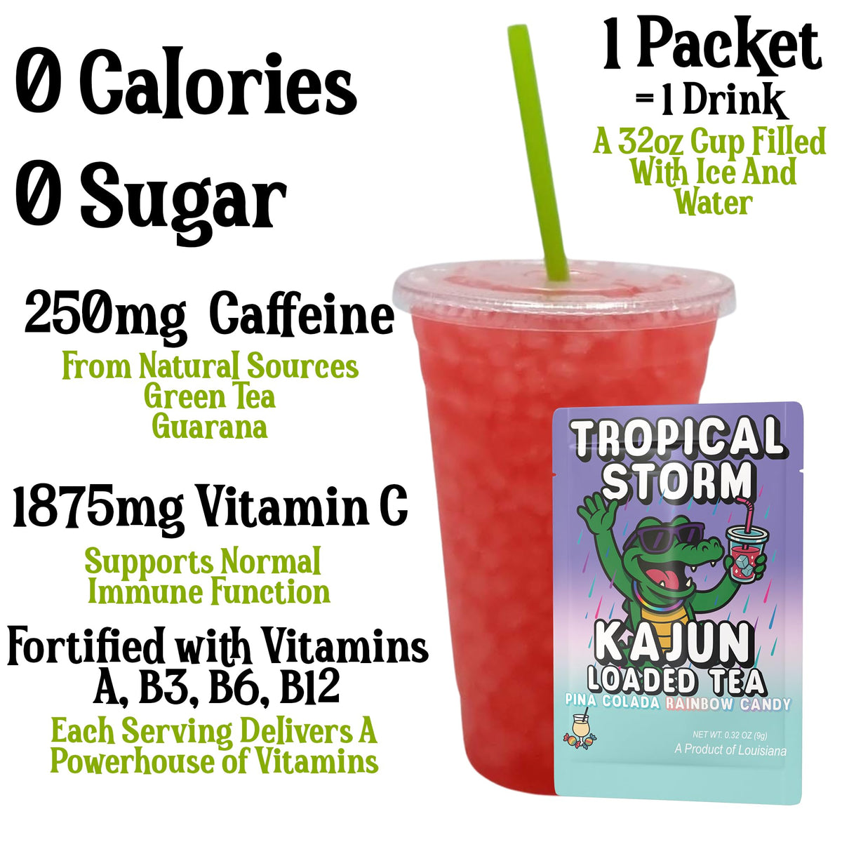 Kajun Loaded Tea Tropical Storm pour glass highlighting pina colada aroma and refreshment.