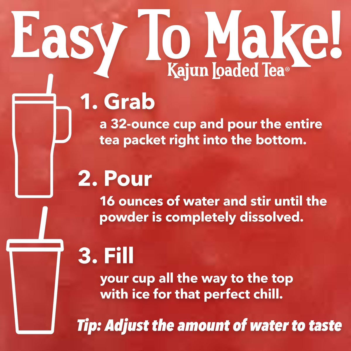 KAJUN LOADED TEA Voodoo Queen in a 16oz glass for easy on the go hydration