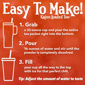 Kajun Loaded Tea zero calories mug label emphasizes guilt-free refreshment.