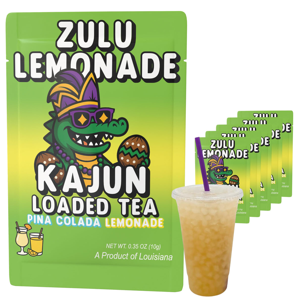 Kajun Loaded Tea Zulu Lemonade packaging shows bold flavor and sugar-free energy