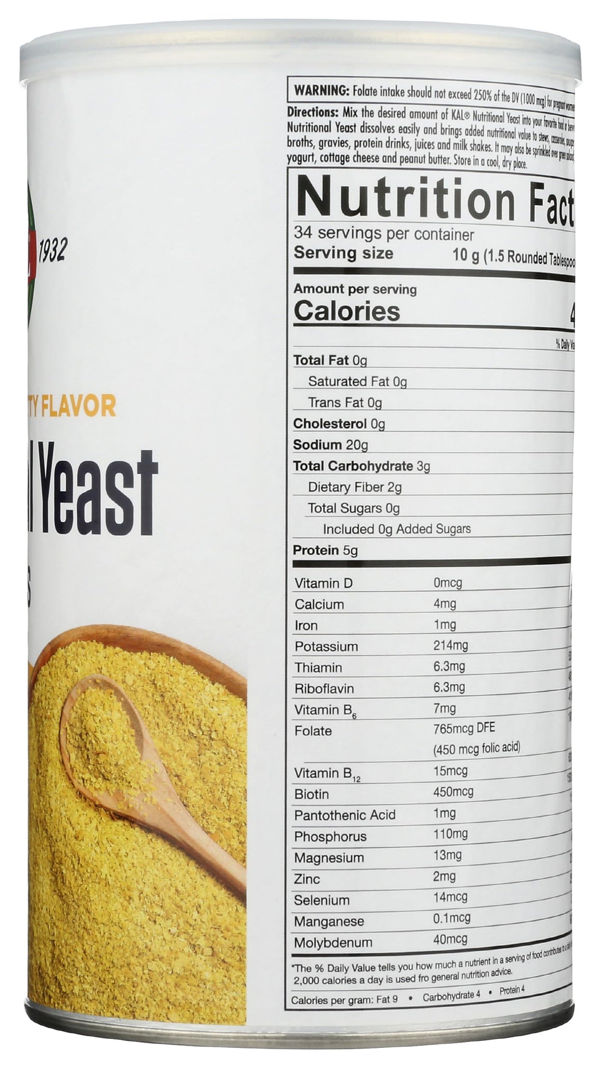 USA-made stamp on KAL Nutritional Yeast Flakes packaging.
