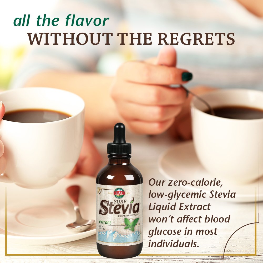 KAL Sure Stevia Drops next to a coffee mug for guilt-free sweetness in hot drinks