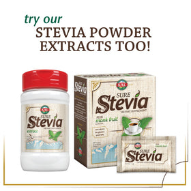 KAL Sure Stevia Drops bottle label close-up highlighting ingredients and base