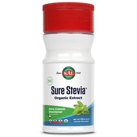 KAL Sure Stevia Extract bottle close-up highlights organic sweetness and zero calories.