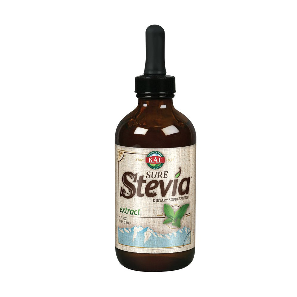 KAL Sure Stevia bottle showing zero calories and plant-based sweetness for beverages